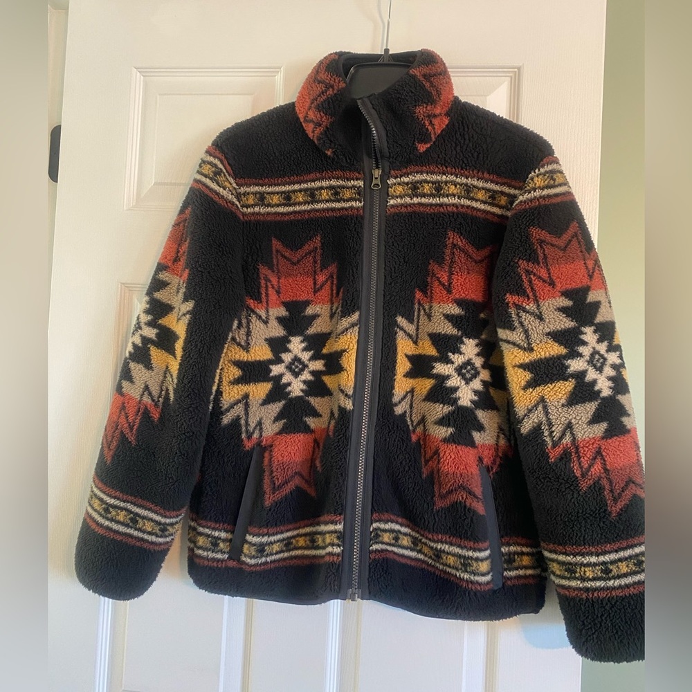 Faherty Black and Red Aztec Pattern Fleece Jacket